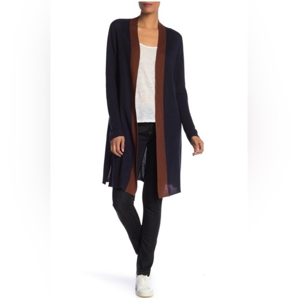 Eileen Fisher Silk Tencel Long Cardigan Navy Brown Size Medium